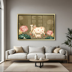 Golden frame sacred cow with calf Pichwai canvas painting for soulful home interiors