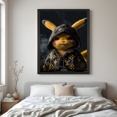 Black floater frame canvas of Pikachu in painted modern art style with anime-inspired bold strokes and abstract texture—perfect for game rooms and entertainment walls
