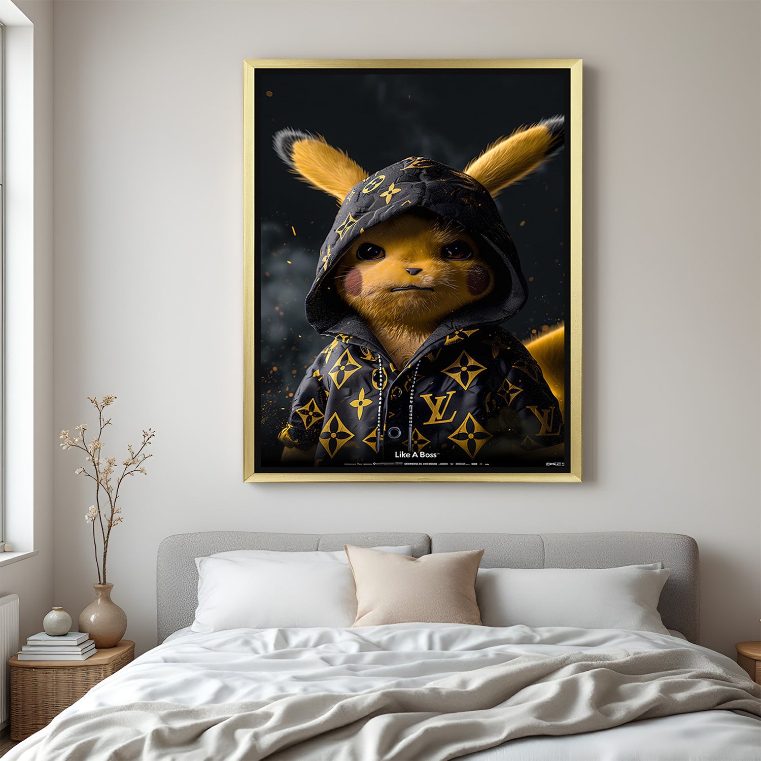 Golden floater frame Pikachu canvas in modern painted style with energetic brushwork and anime theme—ideal wall art for stylish, gaming-inspired interiors