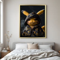 Golden floater frame Pikachu canvas in modern painted style with energetic brushwork and anime theme—ideal wall art for stylish, gaming-inspired interiors