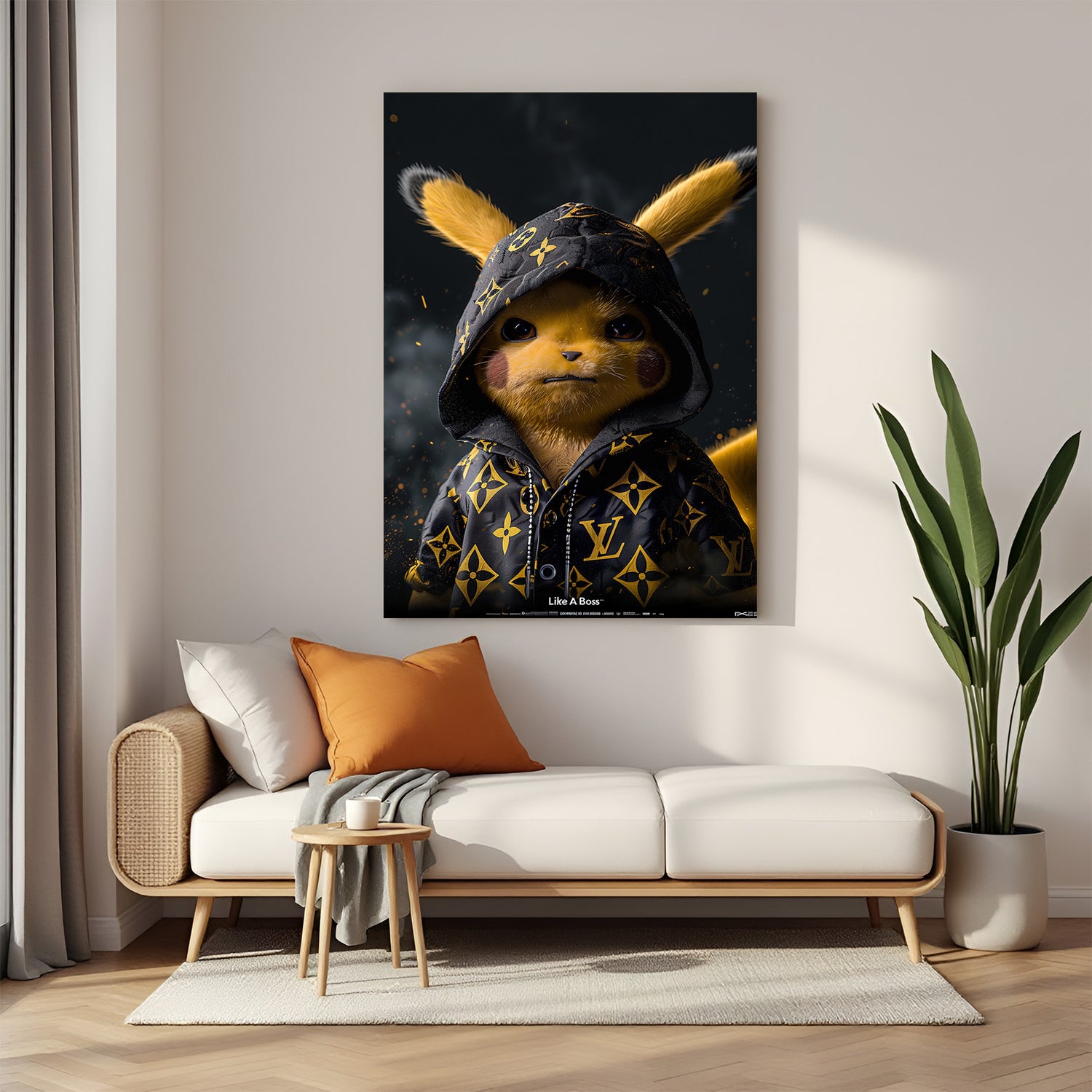 Pikachu reimagined in a vibrant modern art style featuring vivid yellow tones, abstract background, and expressive brushstrokes—anime canvas print for playful and bold wall decor