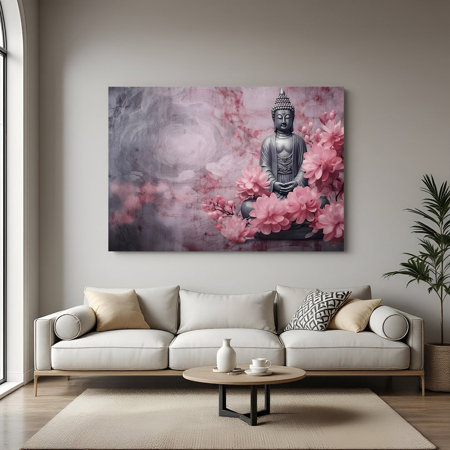 Pink Blossom Buddha canvas painting with spiritual floral artwork in canvas wrapped frame