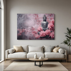 Pink Blossom Buddha canvas painting with spiritual floral artwork in canvas wrapped frame
