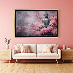 Pink Blossom Buddha wall art in luxury golden floater frame with floral spiritual design