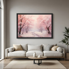 Black-framed vintage blossom canvas featuring pink-leaved trees—calming canvas printed wall art for elegant decor