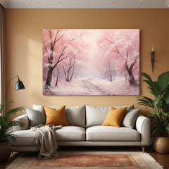 Vintage canvas art of trees with pink leaves in blossom—canvas printed wall art with ancient-style floral charm