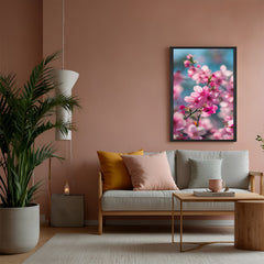 Modern canvas wall art showing pink flowers in a delicate artistic design, framed in a sleek black floater frame for a clean and contemporary wall decor look