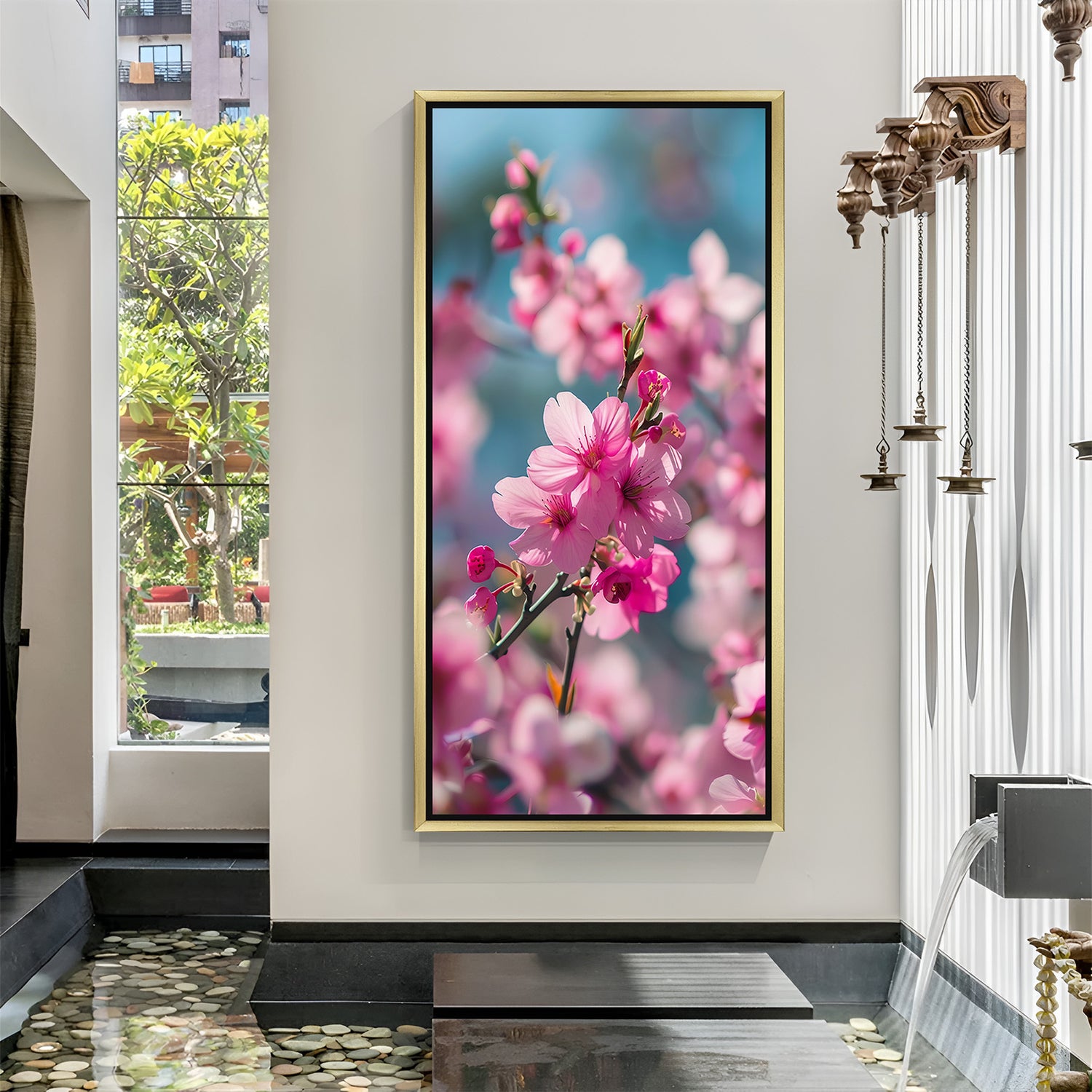 Elegant pink flower canvas print with soft painted textures, showcased in a luxurious golden floater frame to add sophistication to home or office interiors