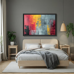 Black frame abstract wall art with pink, grey, and yellow brushstrokes – modern painted canvas for stylish spaces