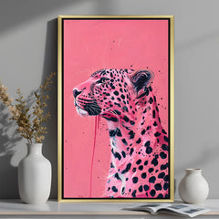 Pink panther pop art canvas with golden floater frame, designed for fun, bold, and modern wall decor themes