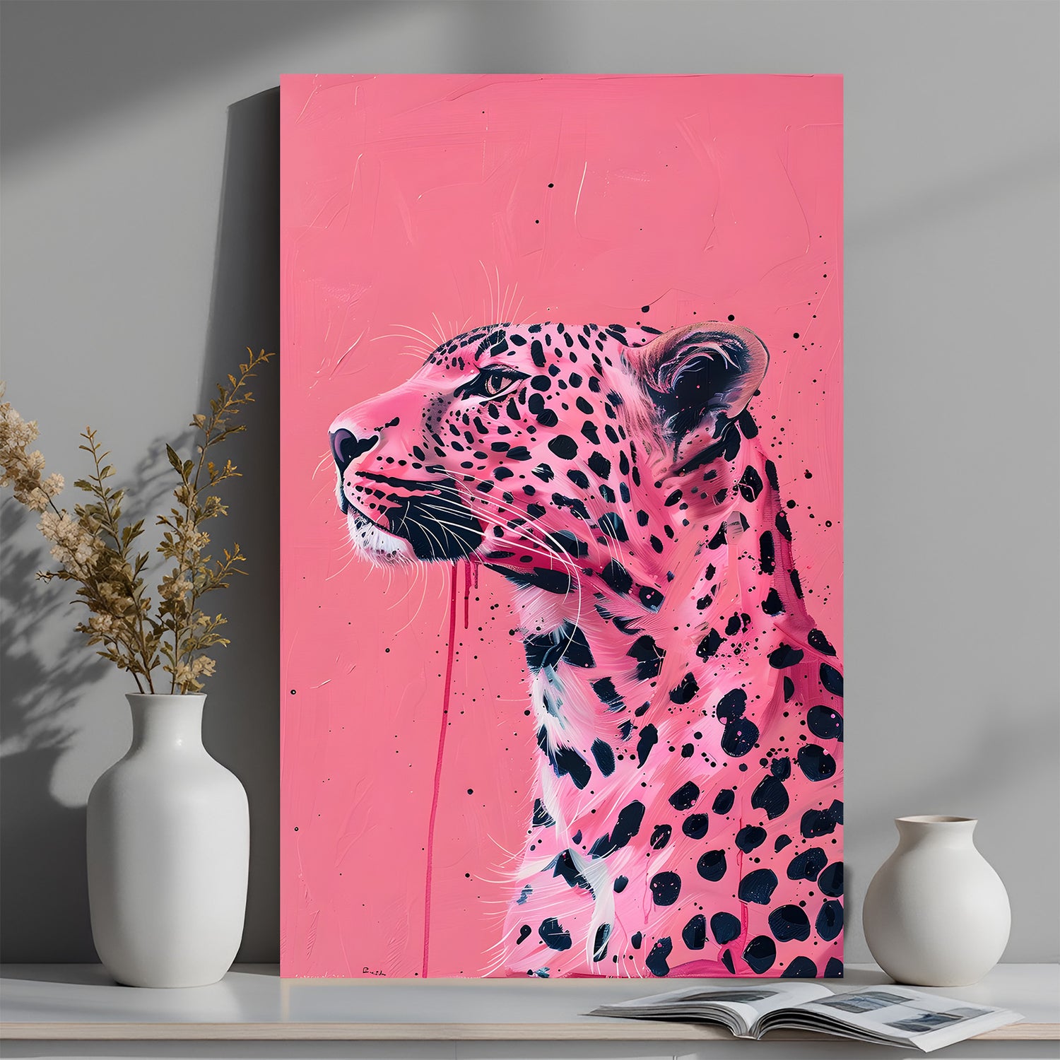 Pink panther artwork on a soft pink background printed on canvas, ideal for stylish and playful modern decor