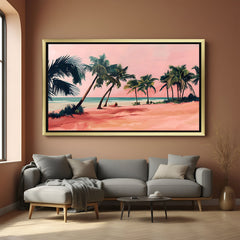 Golden framed tropical beach wall art showing pink sunset sky and palm trees, ideal for serene and elegant modern decor
