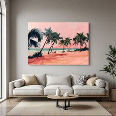 A peaceful beach view at sunset with palm trees and pink sky, printed in tropical modern art style on canvas for relaxing home decor