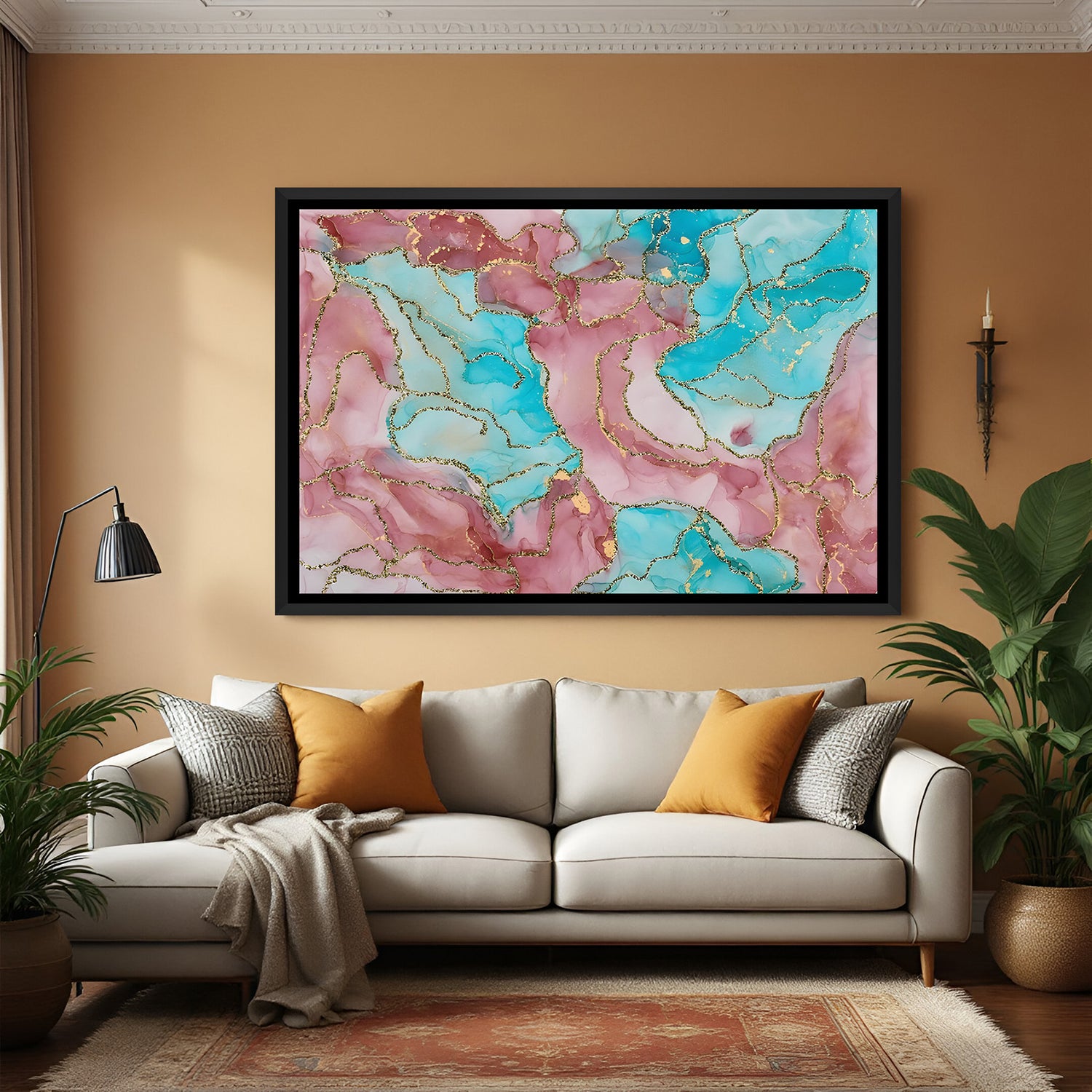 Elegant pink and teal fluid abstract painting with gold details in black frame for contemporary interiors