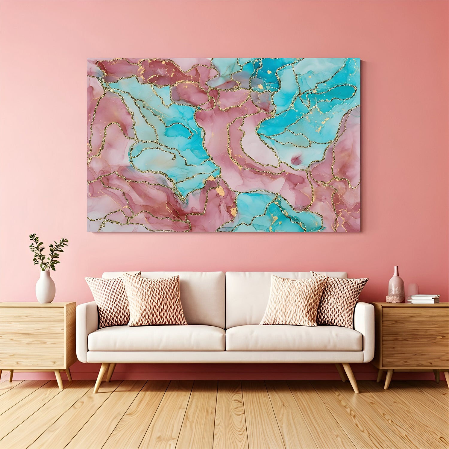 Pink and teal marble abstract canvas wall art with gold veins displayed above sofa in modern pastel living room