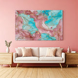 Pink and teal marble abstract canvas wall art with gold veins displayed above sofa in modern pastel living room