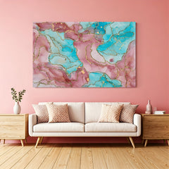 Pink and teal marble abstract canvas wall art with gold veins displayed above sofa in modern pastel living room