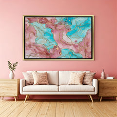 Luxury pink and teal marble abstract canvas wall art with gold vein detailing in golden frame