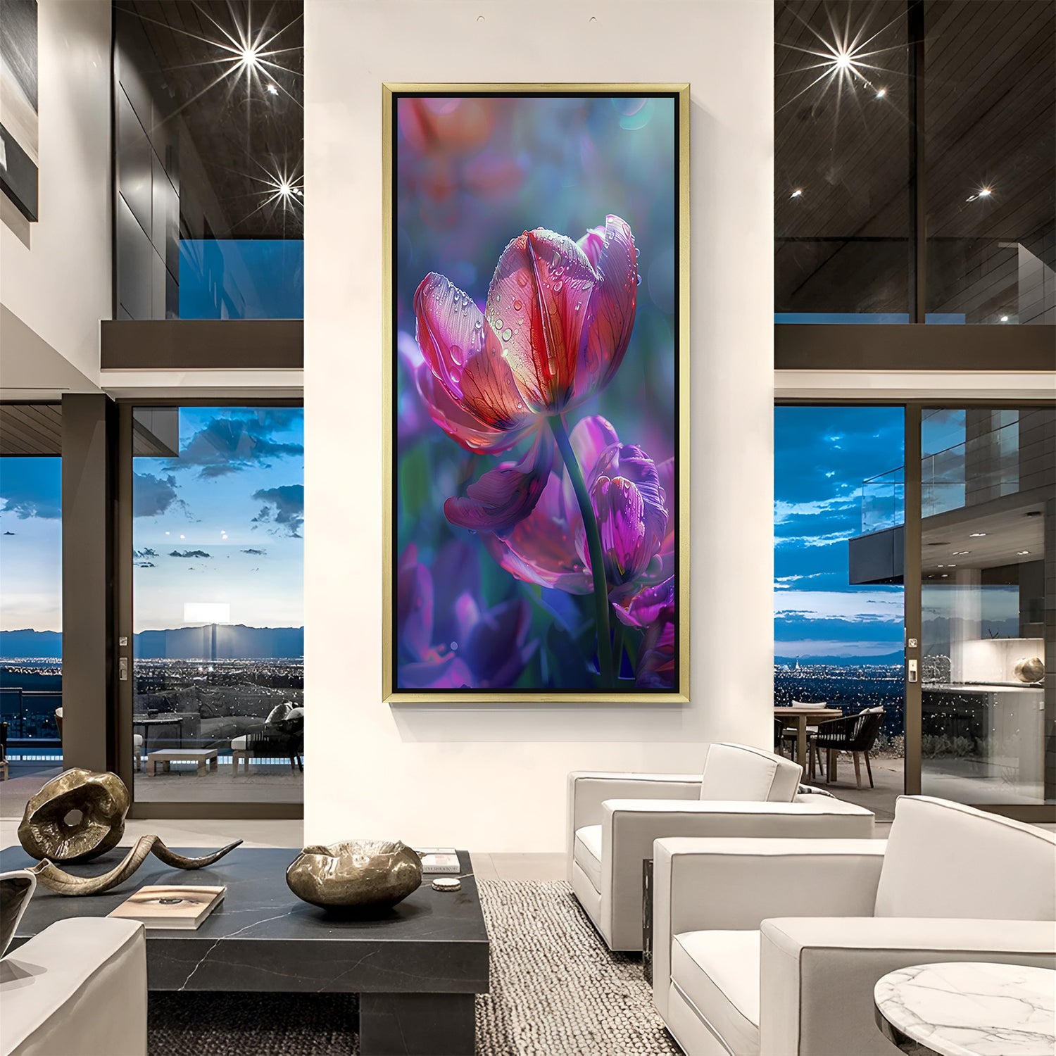 Golden-framed large canvas artwork of a pink tulip with glistening water drops, designed for luxury and soft floral-inspired interiors