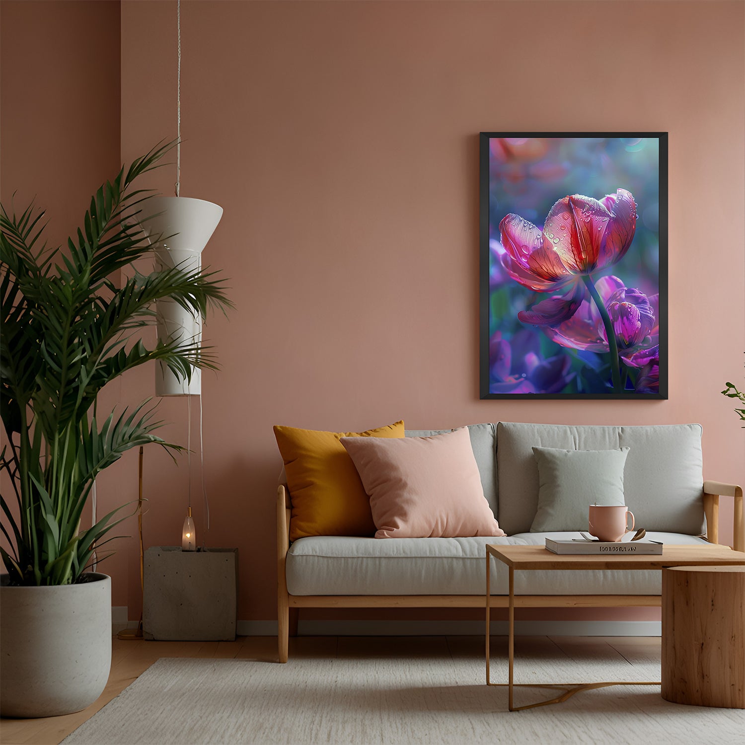 Framed canvas print of a pink tulip flower with water droplets and black floater frame, ideal for sleek and contemporary spaces