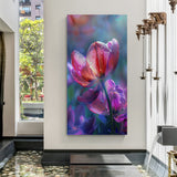 Large canvas wall art featuring a pink tulip with fresh water droplets on petals, perfect for modern and elegant floral interior decor