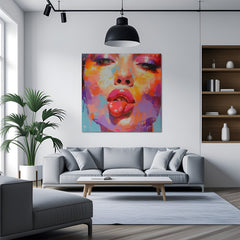 Modern canvas artwork of a playful woman with her tongue out in bold artistic style—ideal for vibrant, expressive, and youthful wall decor in home or studio