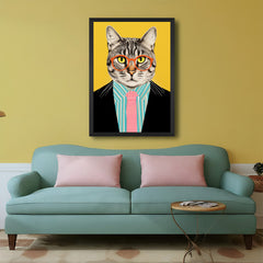 Poker face cat wearing suit and glasses in black floater frame, ideal for adding bold personality to office or home interiors