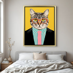 Sophisticated cat wall art with suit and specs in golden frame, perfect canvas decor for confident, stylish wall setups