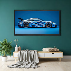 Black frame canvas wall art showing Porsche 911 side angle racing with a vibrant blue setting for stylish home or office decor