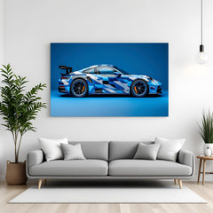 Canvas wall art featuring Porsche 911 racing side view in blue-themed background for modern car-themed interior decor