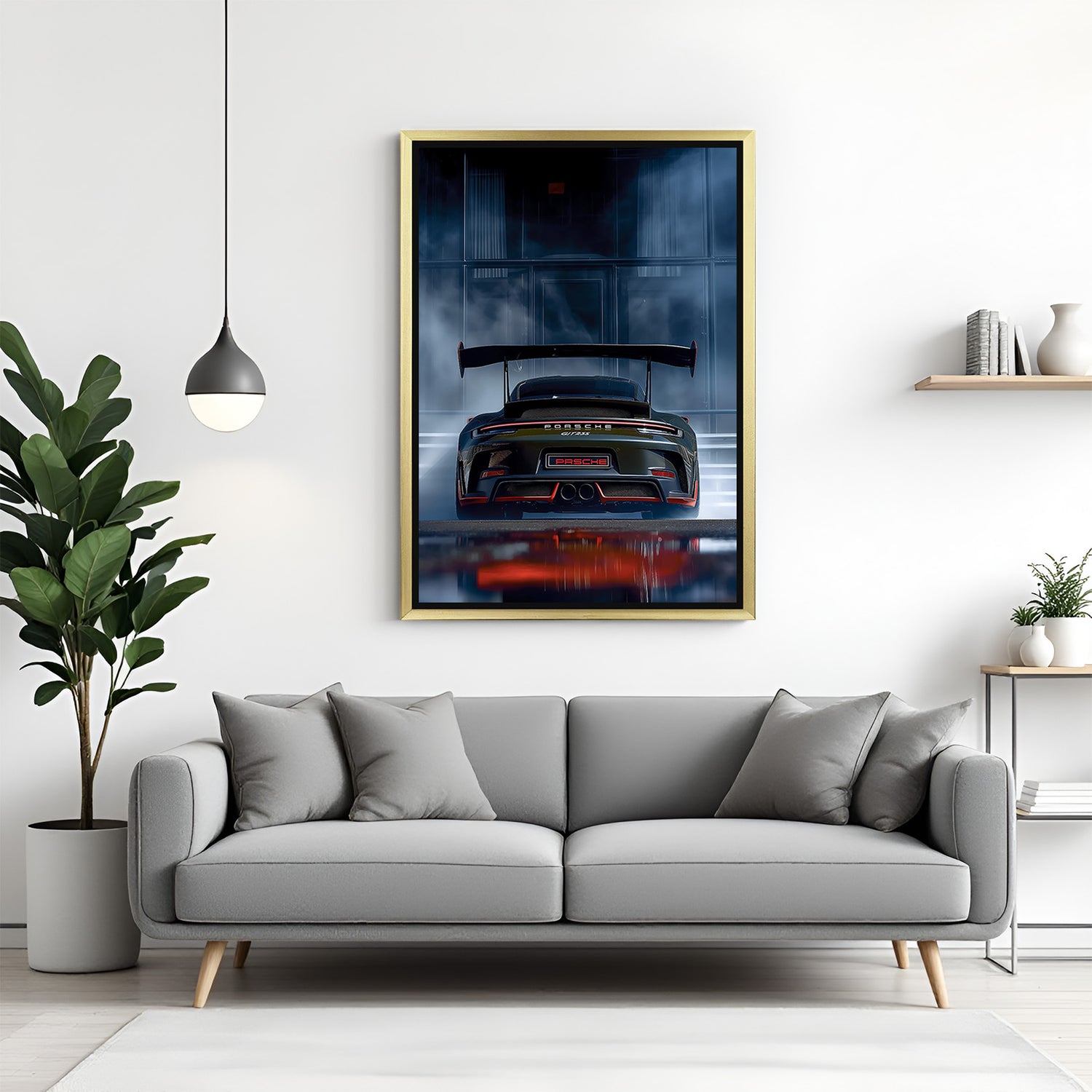 Golden floater frame canvas showing back of Porsche in a blue-hued setting—great for elegant, car lover’s interiors
