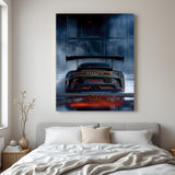 Canvas wall art showing the back view of a Porsche with a bluish premium background—ideal for luxury car decor and high-end interior styling