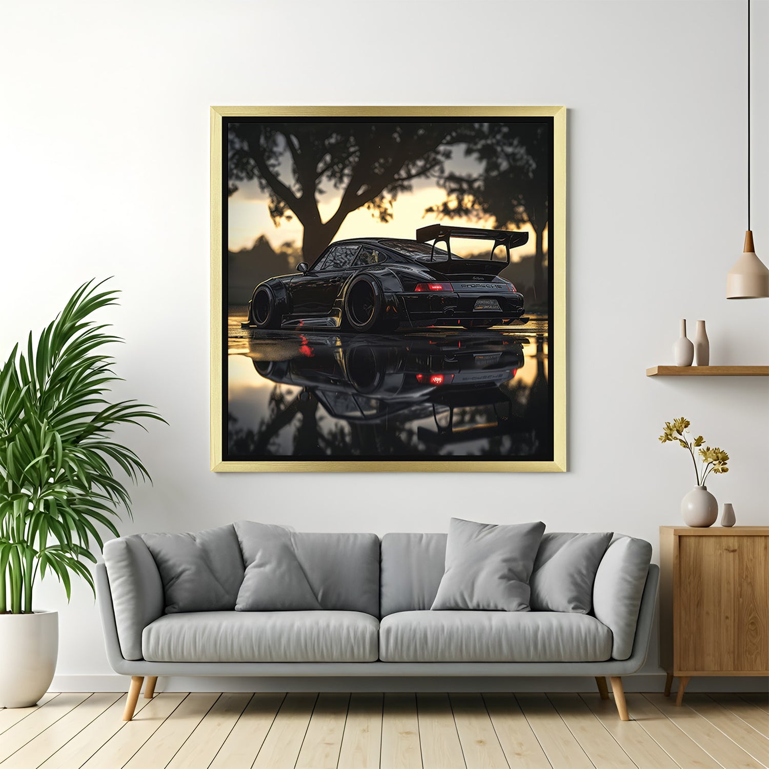 Golden frame wall art of black Porsche sports car in cinematic lighting, great for luxury interiors and car enthusiast spaces