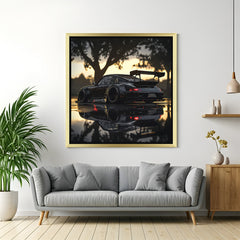 Golden frame wall art of black Porsche sports car in cinematic lighting, great for luxury interiors and car enthusiast spaces