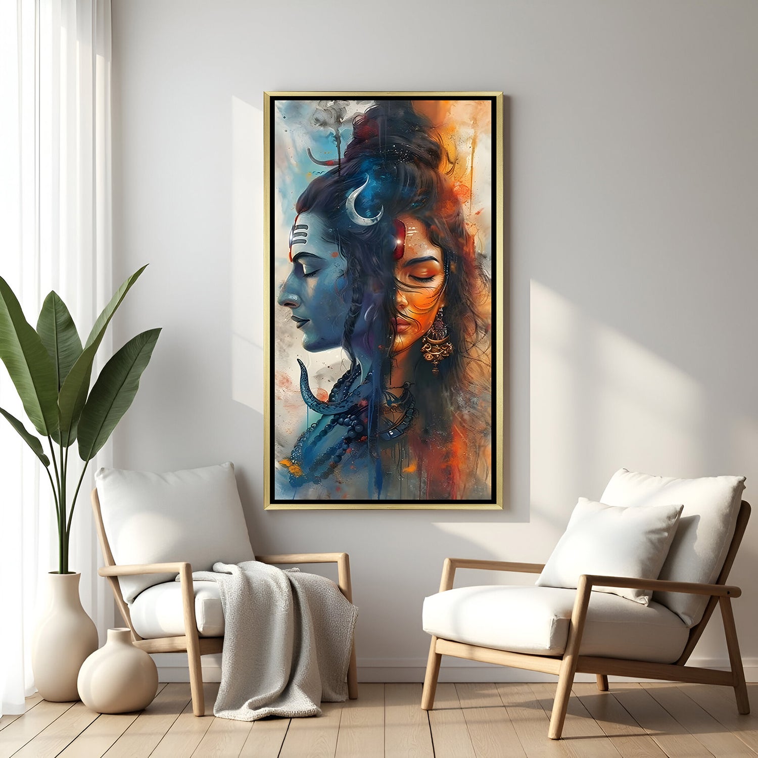 Ardhanarishvara vertical canvas wall art with golden floater frame luxury spiritual decor India