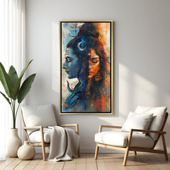Ardhanarishvara vertical canvas wall art with golden floater frame luxury spiritual decor India