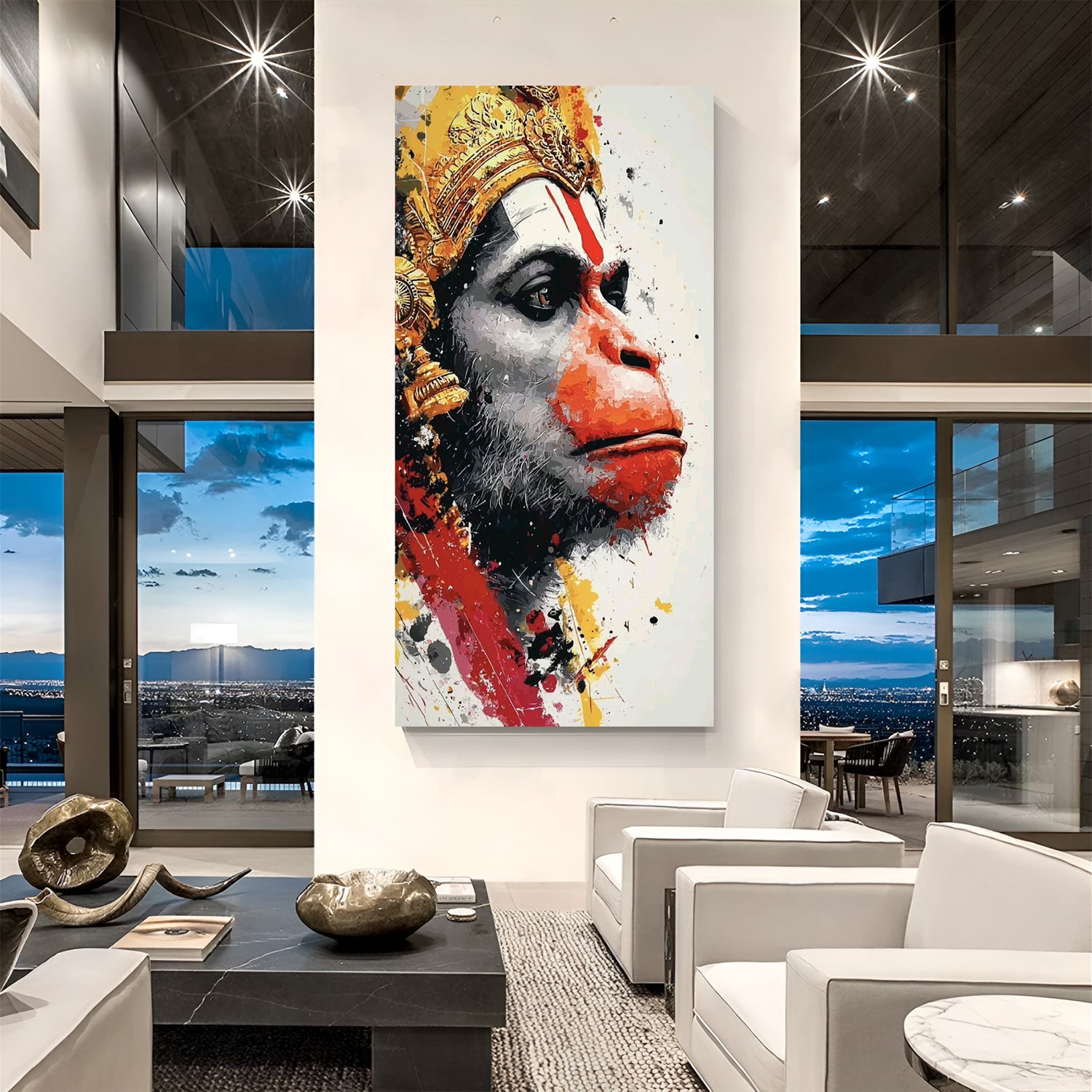 detailed canvas wall art of lord hanuman ji in vibrant devotional colors symbolizing strength courage and divine protection, suitable for living room home and meditation spaces