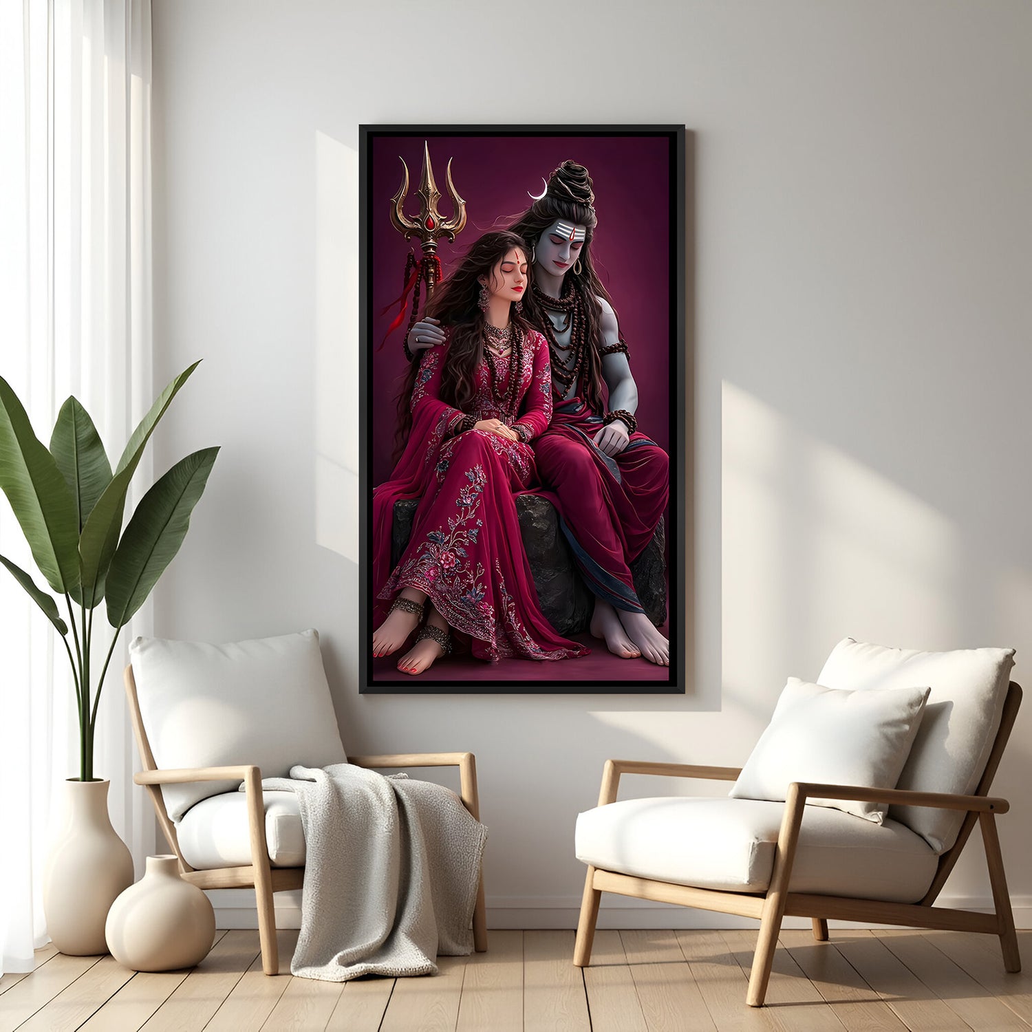 Serene Shiva Parvati digital artwork in elegant black floater frame depicting divine love