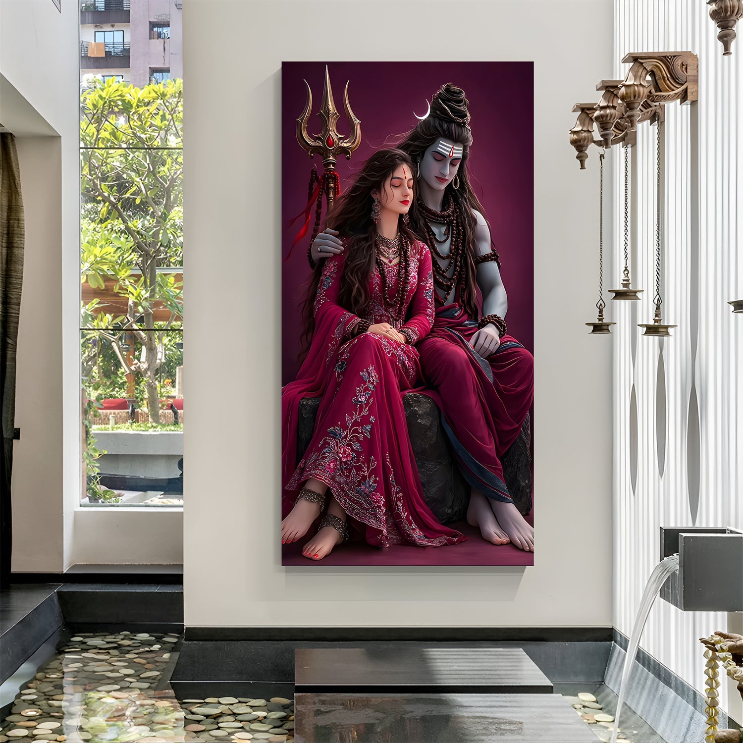 Lord Shiva and Goddess Parvati seated closely together canvas wall art in premium canvas wrapped frame