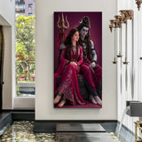 Lord Shiva and Goddess Parvati seated closely together canvas wall art in premium canvas wrapped frame