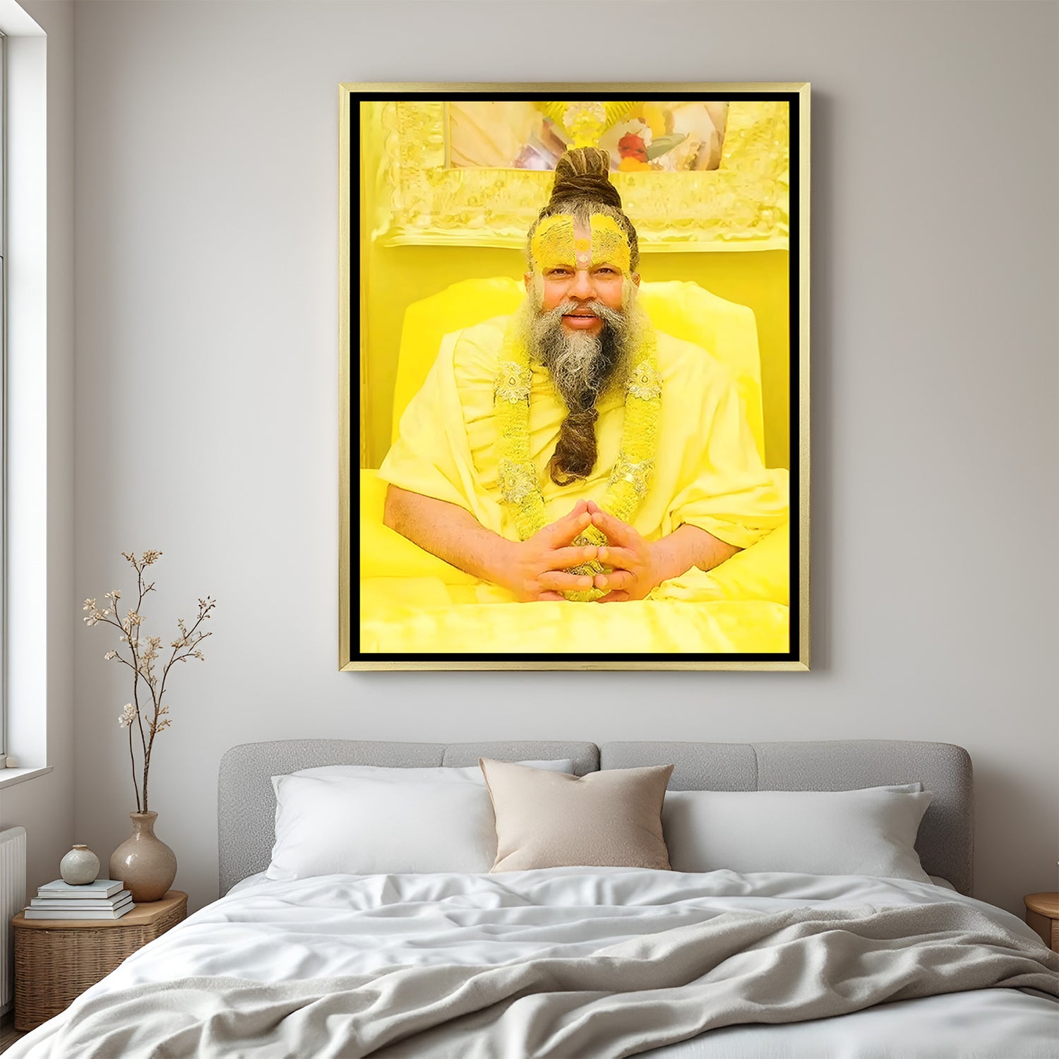 Premanand Ji Maharaj peaceful spiritual artwork in golden floater frame decor