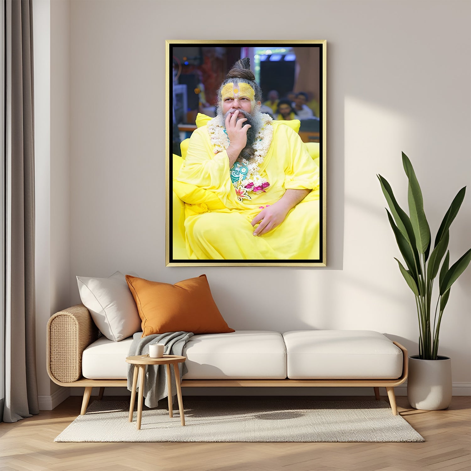 Premanand Ji Maharaj spiritual artwork in golden floater frame meditation decor