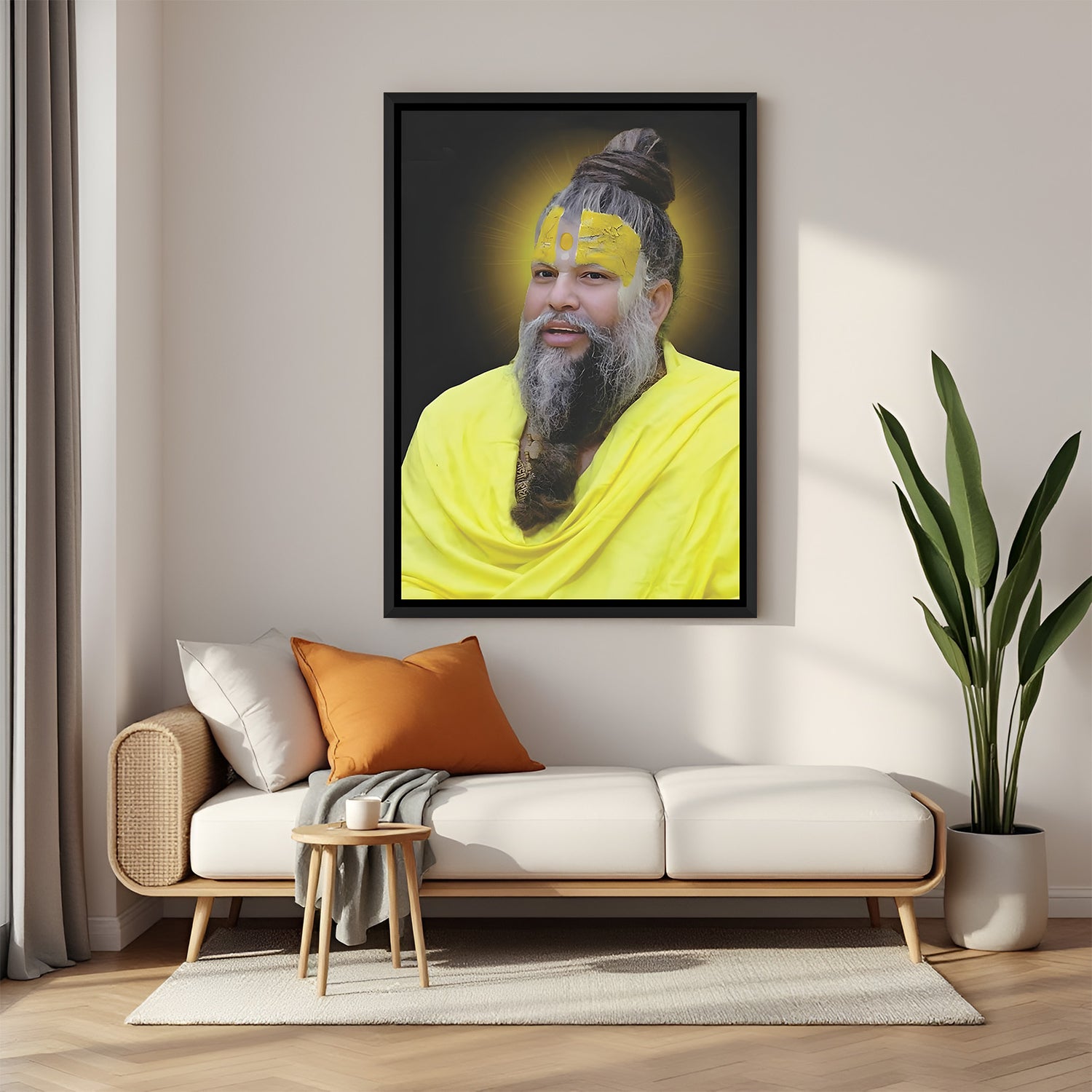 Premanand Ji Maharaj glowing devotional wall painting in black floater frame