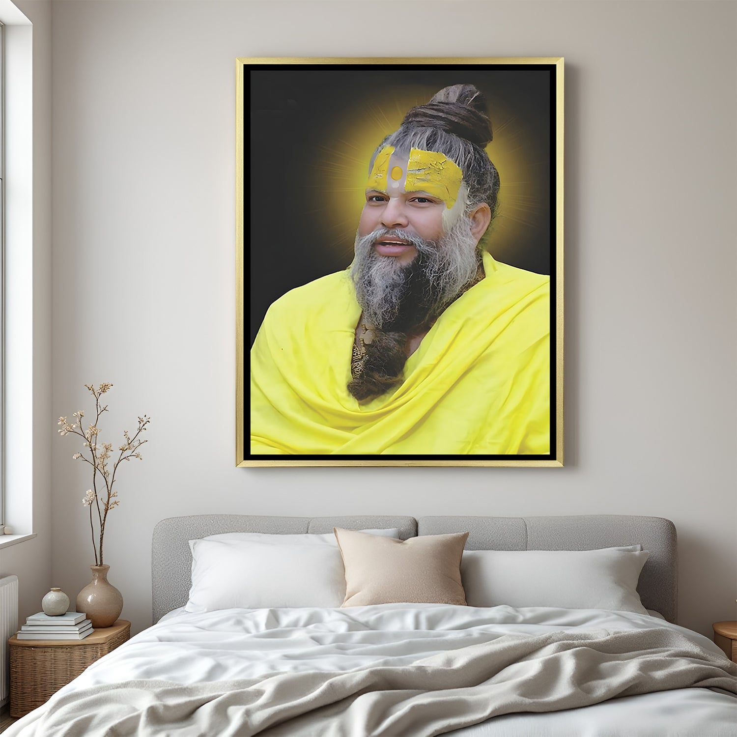 Premanand Ji Maharaj spiritual glowing artwork in golden floater frame decor