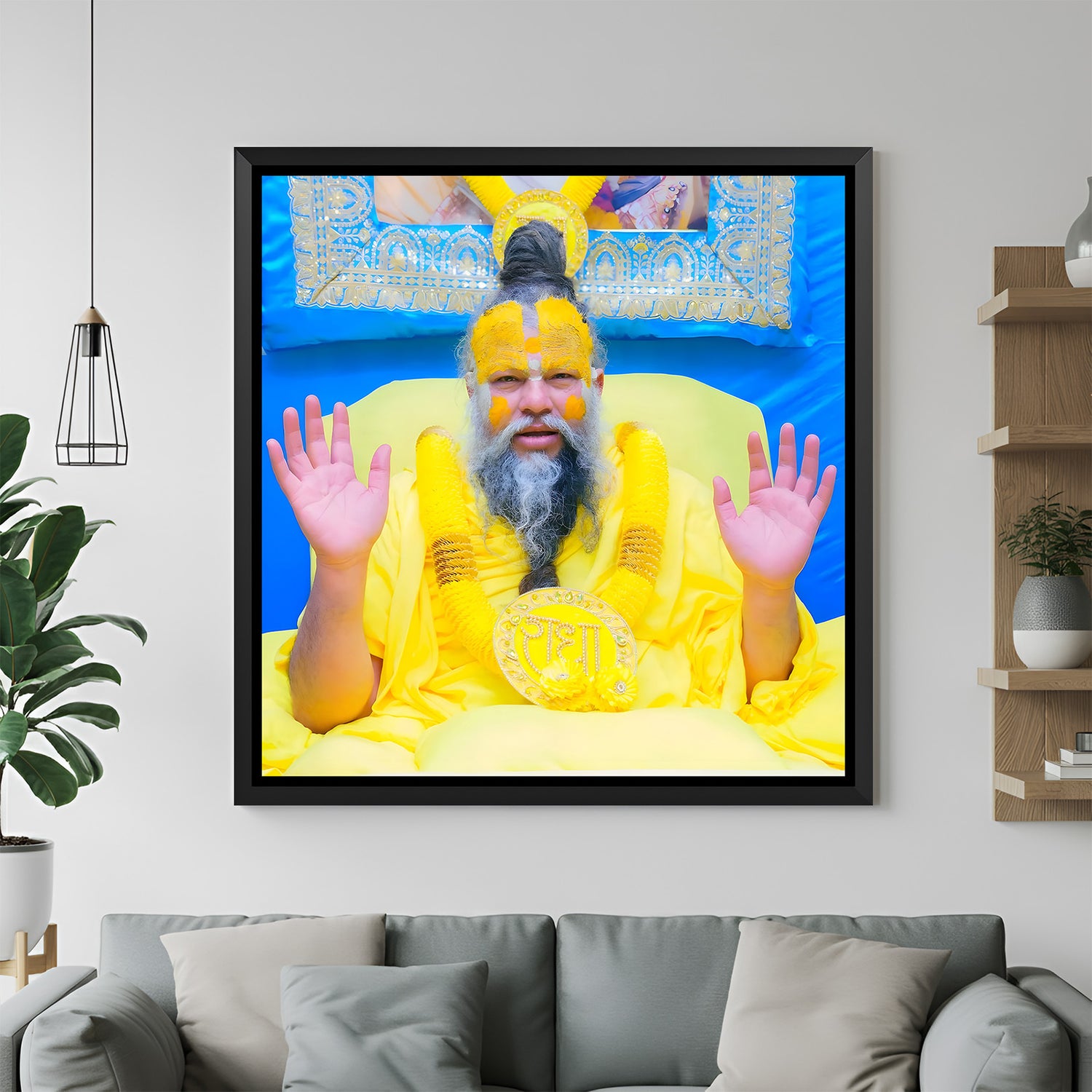 Premanand Ji Maharaj devotional blessing wall painting in black floater frame
