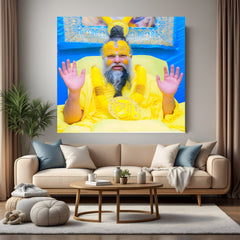 Premanand Ji Maharaj spiritual canvas wall art with blessing gesture and yellow tilak