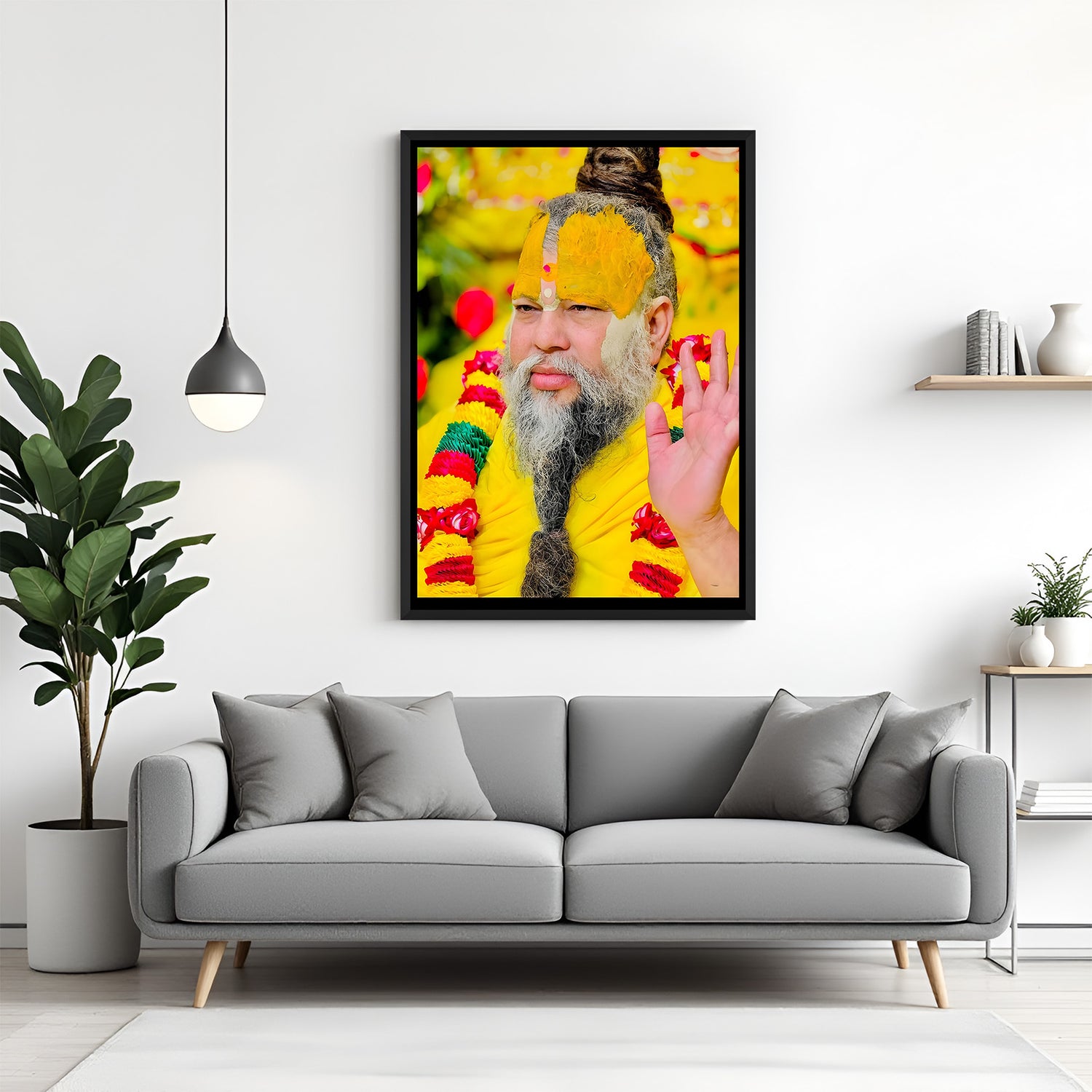 Premanand Ji Maharaj devotional wall painting in black floater frame spiritual decor