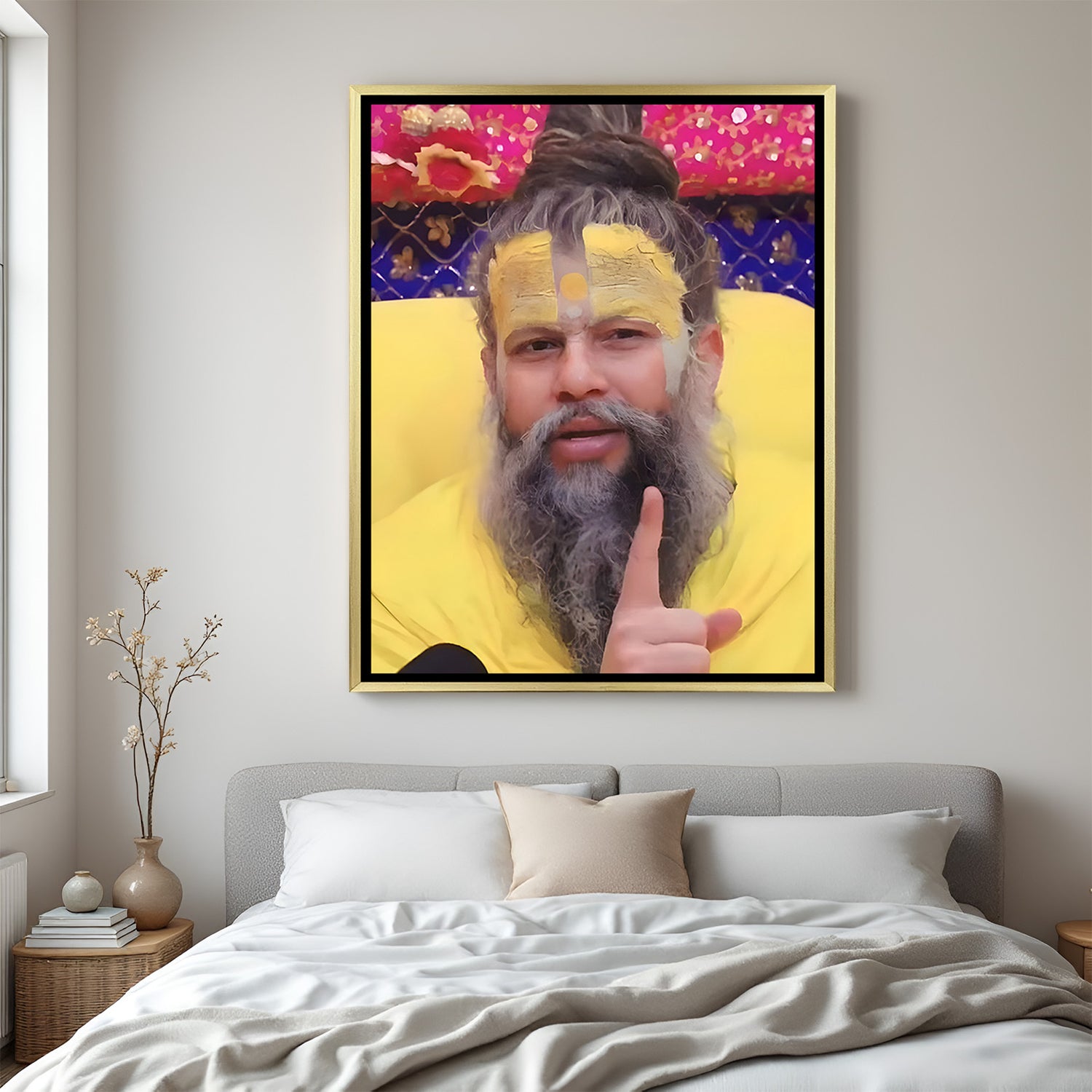 Premanand Ji Maharaj spiritual artwork in golden floater frame devotional decor