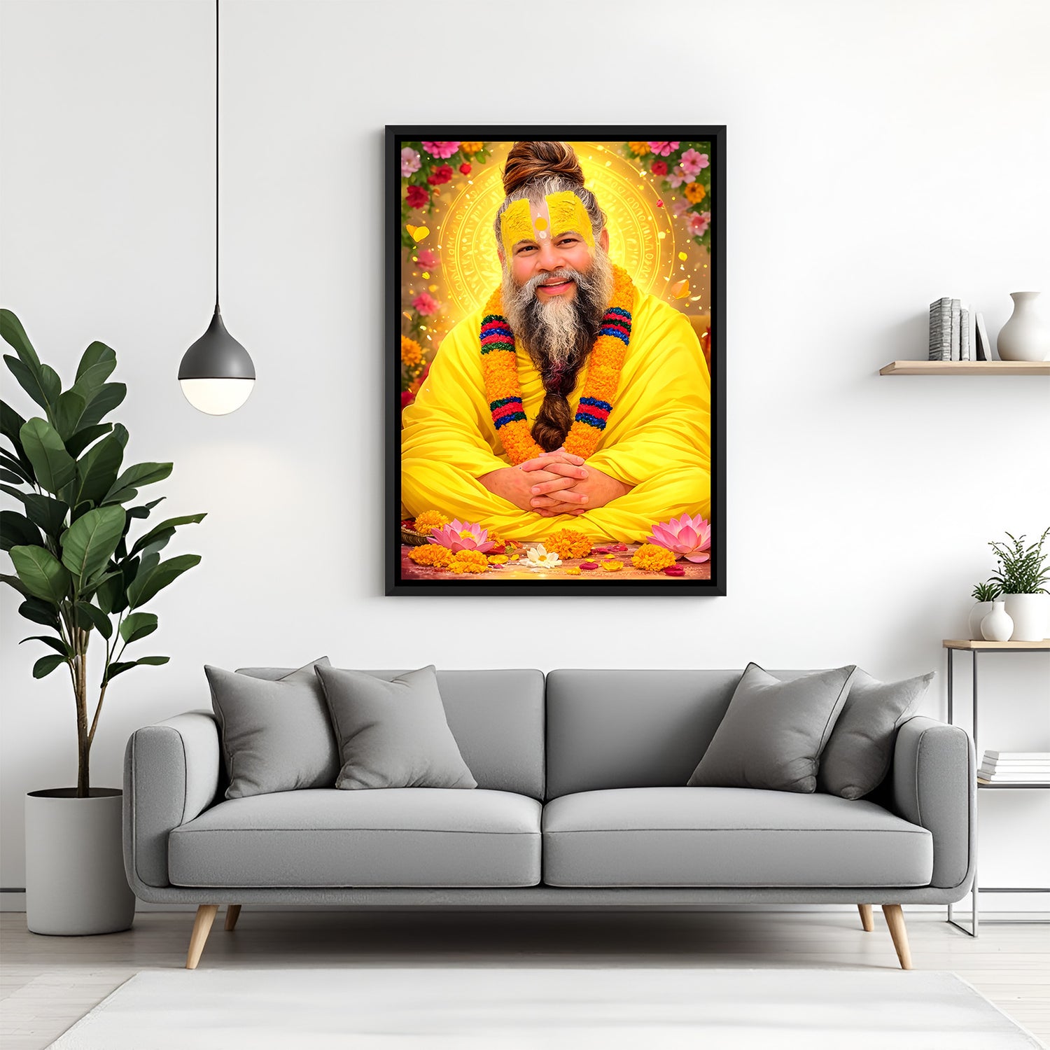 Premanand Ji Maharaj devotional wall painting with floral aura in black frame
