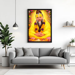Premanand Ji Maharaj devotional wall painting with floral aura in black frame